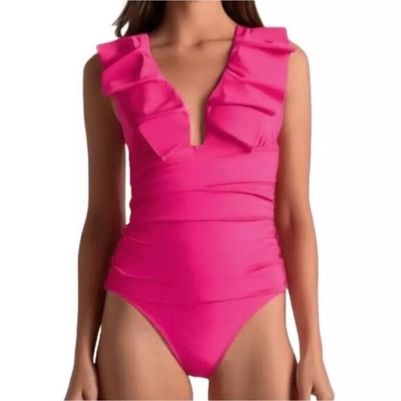 J Crew Radiant Fuchsia Ruffle V-Neck Ruched One Piece Swimsuit Sz 2 NWT - Picture 2 of 16